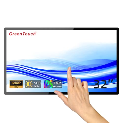 GreenTouch 32インチ産業用デジタルサイネージタッチスクリーンモニター、500ニットディスプレイ1920 x 1080P、内蔵スピーカー、HDMI + VGA + DVIポート付き広告用 GT-TM320