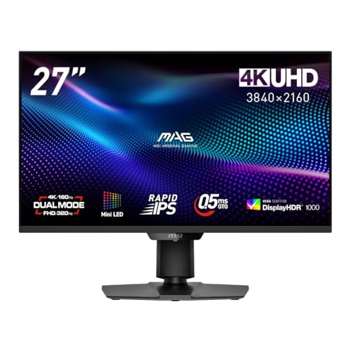 MSI ゲーミングモニター MAG 274UPDF E16M 27インチ/デュアルモード/4K UHD/RAPID IPSパネル(Mini LED)/160Hz /0.5ms（GTG）/HDMI 2.1/DP1.4a/Adaptive-Sync/デュアルモード/24.5インチインチモード搭載アンチモーションブラー/DisplayHDR 1000/AIビジョン/縦横回転・高さ調整/メーカー3年保証