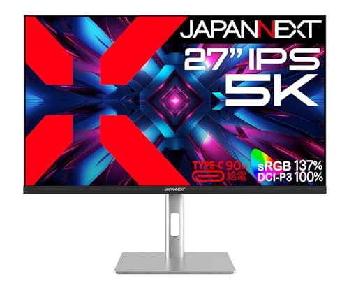 JAPANNEXT 27インチ IPSパネル搭載 5K(5120x2880)解像度 液晶モニター JN-IPS275K-HSPC9 HDMI DP USB Type-C(最大90W給電) HDR sRGB:137% DCI-P3:100% 高さ調整 ピボット対応 KVM PBP/PIP機能搭載 【2年保証】
