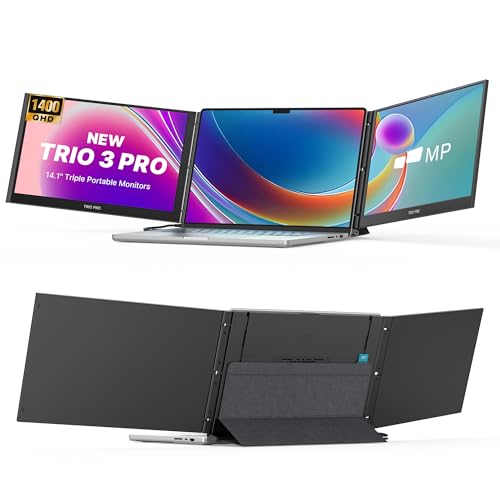 TRIO 3 Pro 14.1インチ モバイルピクセル ポータブルモニター (2026年版)、1400p QHD トリプルモニター キックスタンド内蔵、Type-C/USB A ノートパソコン画面エクステンダー (オプションのマグネット)、Windows/Android/macOS/Switch。