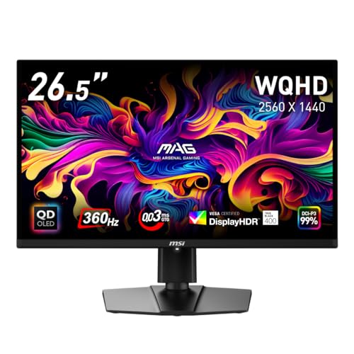 MSI QD-有機EL ゲーミングモニター MAG 271QPX QD-OLED 26.5インチ/WQHD/QD-OLEDパネル/360Hz/0.03ms(GTG)/ハードウェアブルーライトカット/DisplayHDR True Black 400/AIビジョン搭載/HDMI2.1/DP/USB Type-C/縦横回転・高さ調整/メーカー3年保証