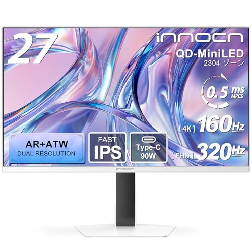 INNOCN GA27V1M MAX 27インチ 4K ゲーミングモニター QD-MiniLED AR低反射×ATW広視野角 4K 160Hz/FHD 320Hz デュアルモード 2304ゾーン HDR1000 0.5ms MPCS Type-C 90W KVM USBハブ HDMI2.1 PS5対応 ホワイト