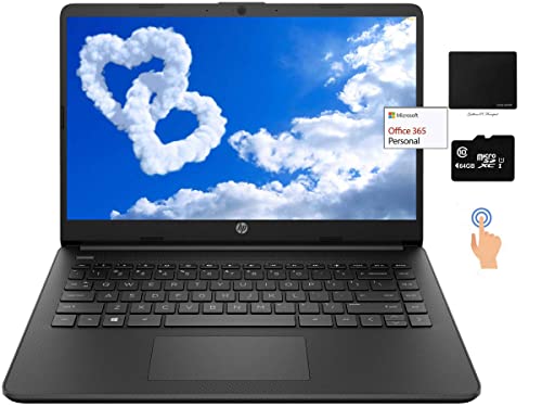 HP 14インチ薄型軽量タッチスクリーンノートパソコン、IntelデュアルコアN4020、8GB DDR4 RAM、128GBストレージ(64GB eMMC+64GB Micro SD)、ウェブカメラ、1年間のオフィス、GalliumPiマウスパッド付きWin 10バンドル(ブラック) HP