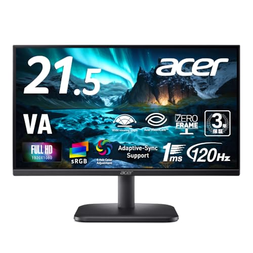 acer 21.5インチ VA フルHD 120Hz 1ms(VRB) 非光沢 sRGB 99% Adaptive-Sync ブルーライト低減 ゼロフレーム 薄型 HDMI 1.4 ミニD-Sub 15ピン 6軸カラー スタンダードモニター 3年保証(パネルは1年) EK221QJ0bi