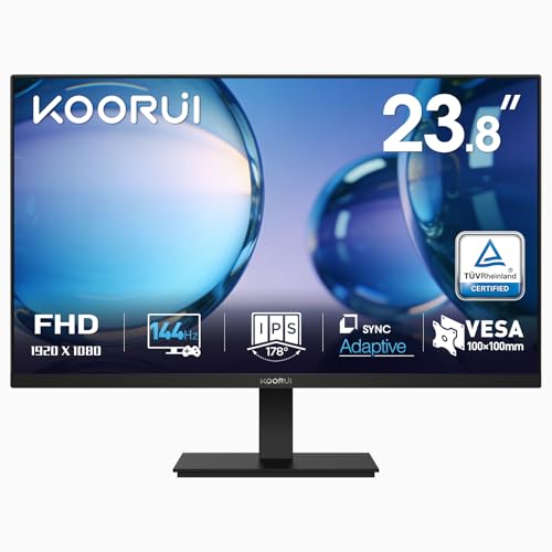 KOORUI 23.8インチ FHD 1080P IPSディスプレイ、リフレッシュレート144Hz オフィスディスプレイ、1ms、99% sRGB、適応同期、アイケア、VESAインストール、HDMI 1.4とVGA、傾き調整可能 E2411K