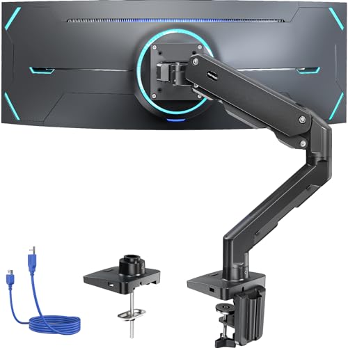 Huanuo (ファーノー) モニターアーム 大型 49インチ対応 耐荷重16kg USB3.0ポート付き シングル ディスプレイアーム 曲面/平面モニター対応 ガススプリング 高さ調整 角度調整 VESA 75×75/100×100mm クランプ式&グロメット式 ゲーミング オフィス 在宅ワーク ケーブル収納
