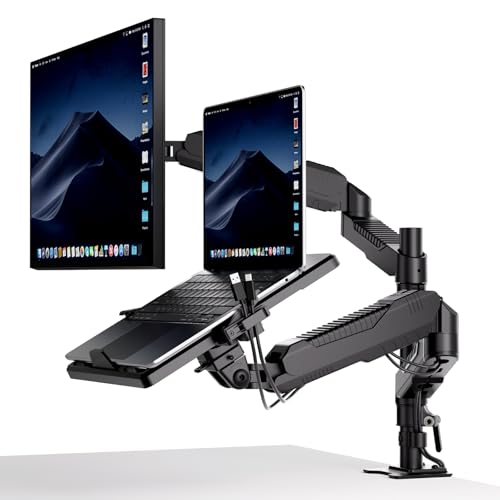 ロボロビン デュアル ノートパソコン/モニターアーム 安定性UP トレイ付き 11-17インチ対応 高度12-60cm 角度自由に調整 ガススプリング グロメット式＆クランプ式 モニターアーム 360度回転 11-17インチパソコン対応 15-27モニター対応 ディスプレイアーム ケーブル収納 耐荷重1-7KG 2画面 2in1 VESA75*75/100*100 LBGASSTAND2ARM