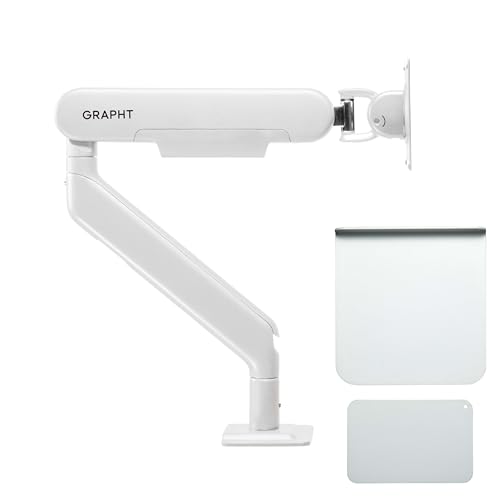 GRAPHT モニターアーム 補強プレートセット デスクマウント ゲーミング 34インチ対応 耐荷重2-9kg シングルモニターアーム デスク保護 天板補強 傷防止 クランプ式 グロメット式 デスク設置用 VESA規格対応 多角度調節 ケーブル収納 ぐらつき防止 保護シート付 台【Monitor Arm - Aero M9C】 ホワイト SET-00046