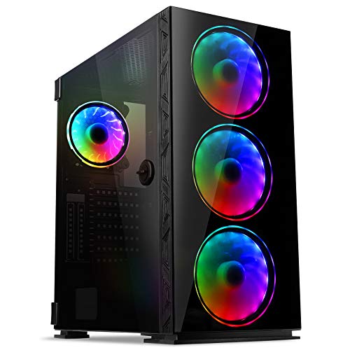 GIM MB8 ATX ミッドタワー PCゲームシャーシ コンパクトコンピュータ 強化ガラスパネル付き RGBファン4個 プリインストール済み 水冷対応 ケーブル管理システム ブラック