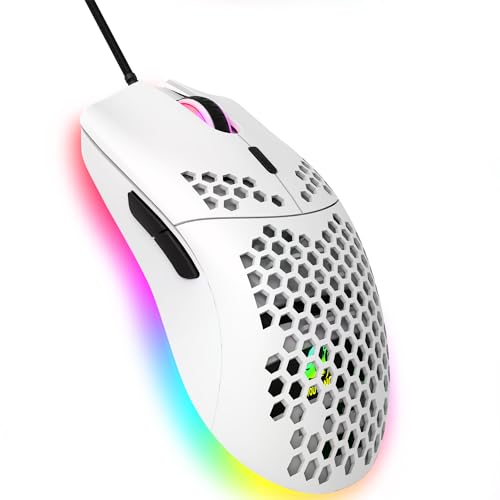 Hoopond 有線ゲーミングマウス、6 RGB ライティング 6400 DPI プログラム可能 USB ゲーミングマウス 6つのボタン付き、ハニカムシェル人間工学に基づいたデザイン PCゲーマー、Xbox、PS4ユーザー向け - ホワイト
