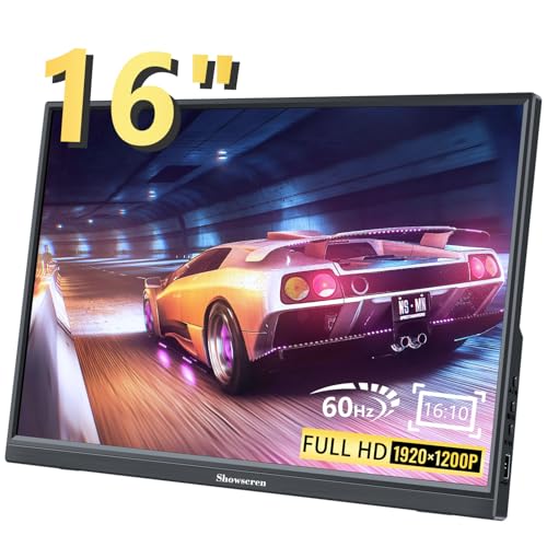 Showscren ポータブルモニター 16インチ、フルHD 1920X1200Pディスプレイ 300cd/輝度、60Hz IPS LCDパネル、100% RGB、内蔵スピーカー、HDMI USB C ポータブルモニター ノートパソコン PC PS3/PS4 スイッチ用 HD-16INCH