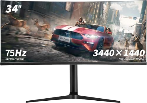 AtomFun 34インチ超ワイドQHD（3440 x 1440）IPSサーフェスゲームディスプレイ、75 Hz、5s応答時間、内蔵スピーカー、VESA互換性、傾斜と高さ調整可能、G-SYNC互換性とAMD FreeSync 34Y