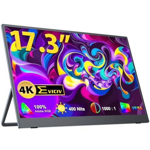 EVICIV モバイルモニター 17.3インチ EVICIV 4Kモバイルディスプレイ 3840*2160 高輝度500nits 100%Adobe RGB広色域 ゲームモニター 疲れ目軽減/青色光源を低減/狭額縁 スイッチ用 非光沢IPS液晶パネル VESA対応 HDRモード対応 内蔵スピーカー USB Type-C/標準 HDMI/OTG PS4/PS5/XBOX/SwitchPC/Macなど対応… M173J05