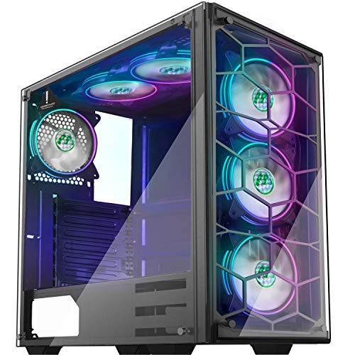 Wsikafxn MUSETEX ファントムブラック ATX ミッドタワー RGBファン6個 USB3.0 ハニカム エアフロー 強化ガラスパネル ゲーミング コンピュータシャーシ 907-W6