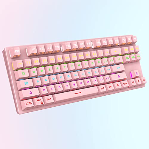 Wikay ゲーミングキーボード LED バックライト 7色 9つのライトモード ゲーミングpc USB有線高速反応 キーボード ショートカットキー 防水機能付き 角度調節可能 LOLゲーム専用キーボード 87キー 青軸 (ピンク)
