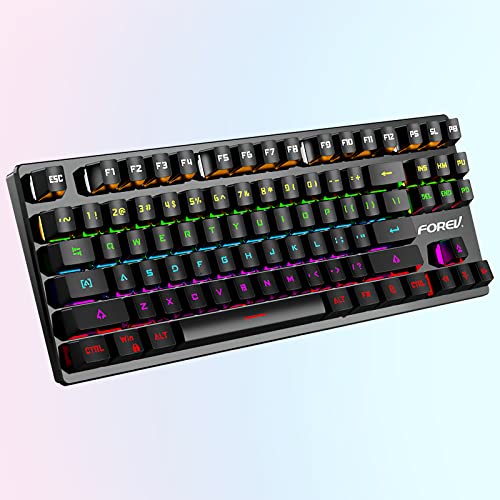 Wikay ゲーミングキーボード LED バックライト 7色 9つのライトモード ゲーミングpc USB有線高速反応 キーボード ショートカットキー 防水機能付き 角度調節可能 LOLゲーム専用キーボード 87キー 青軸 (ブラック)
