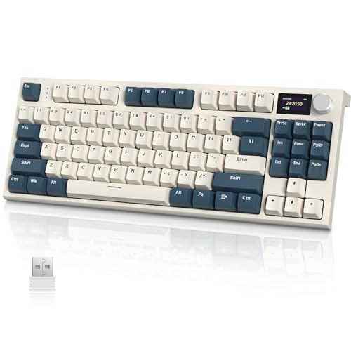 A.JAZZ ATTACK SHARK x AJAZZ K86 ゲーミングキーボード ワイヤレスキーボード キーボード bluetooth ワイヤレス リニア TFTカラースクリーン ノブ シロナガスクジラ軸-ガスケット構造 ホットスポット 日本語説明書 80%TKLレイアウト 86キー PBTキーキャップ Win/Mac用【技術基準適合証明219-239327】（ベージュ）