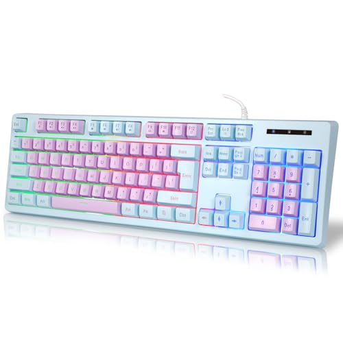 HUO JI HUOJI ゲーミングキーボード USB有線 メカニカル風メンブレン式 RGBバックライト フローティングキー 防水 静音タクタイル打鍵感 104キー 英語配列 Xbox/PS5/PC対応 人間工学設計 25キーロールオーバー 5000万回耐久（パープル＆ブルー） CQ104