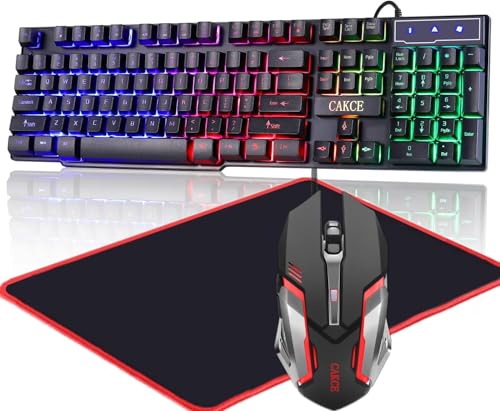 Cakce RGBゲーミングキーボードとカラフルなマウスのコンボ、USB有線LEDバックライト、文字の輝き、機械的な感触、ラップトップ、PC、コンピューターゲーム、仕事用