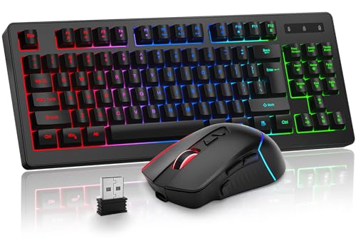 BlueFinger Wireless Gaming Keyboard and Mouse Combo, Long Lasting Rechargeable Battery 87 Keys RGB Rainbow Backlit Gaming Keyboard & Ergonomic Light Up Gaming Mice for Mac Laptop Computer PC Gamer