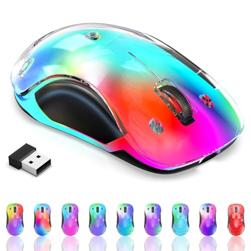 qaf 2.4G 無線マウス RGB LED 着脱式カバー付き 充電式 人体工学 1400DPI 光学式 5ボタン ポータブル USBレシーバー付属 PC/ノートパソコン/デスクトップ/MacBook対応 (クリア)