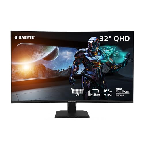 HP GIGABYTE GS32QC 31.5インチ 165Hz 1440P 曲面ゲーミングモニター 2560x1440VA 1500R ディスプレイ 1ms (MPRT) 応答時間 HDR対応 ディスプレイポート1.4 HDMI 2.0x2 ブラック GS32QC SA