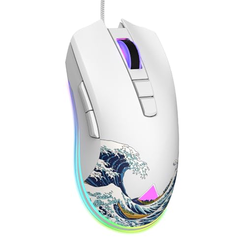 COSTOM Womier G705 USB 有線ゲーミングマウス PC コンピューター Windows Mac ノートパソコン用 軽量 静音 RGB バックライトマウス 調節可能な12000DPI/7プログラム可能なサイドボタン ホワイト 神奈川テーマ