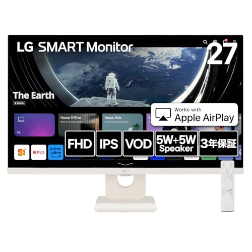 LG スマートモニター / 27SR50F-W/MyView Smart Monitor / 27インチ フルHD/webOS/IPS/アンチグレア / 5W+5Wスピーカー / AirPlay 2 / Miracast/USB Type-A/HDMI（eARC） / スリムデザイン / 3辺フレームレス / ホワイト/チューナーレステレビ/ 3年安心・無輝点保証