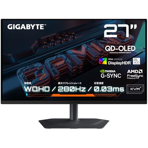 GIGABYTE ゲーミングモニター 27インチ WQHD 2560x1440 有機EL QD-OLED 280Hz 0.03ms DCI-P3 99% HDR True Black 400 KVM機能対応 HDMI2.1 スピーカー内蔵 国内3年保証 MO27Q2A