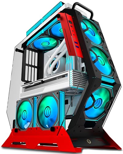 KEDIERS C570 ATX ミッドタワー 強化ガラス ゲーミングコンピューター オープンフレーム PWM ARGBファン5個付き (570レッド)