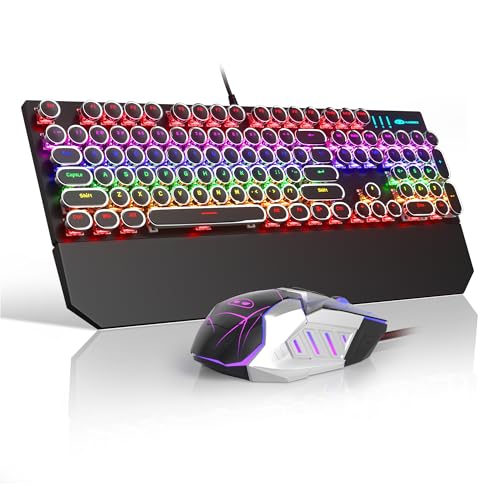Camiysn レトロタイプライター キーボードとマウスコンボ かわいいブラックキーボード 線形赤スイッチ付き フルサイズ 有線メカニカルゲーミングキーボード クールライトアップキーボードとマウス ゲーム/仕事/Mac/PC/Windows用