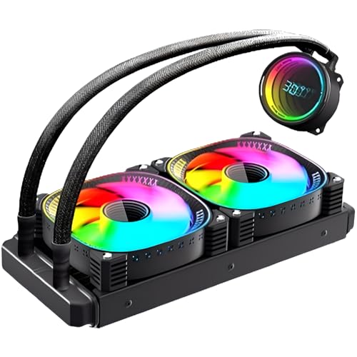 スモールラボ 【スモールラボ】COOLMOON 簡易水冷クーラー 240mm 温度表示機能付き インフィニティ―ミラー CPUクーラー LED ARGB 5v 3pin LGA1700/1200/115X AMD:AM5/AM4ソケットに対応 4pin PWM ファン制御 (240ｍmブラック)