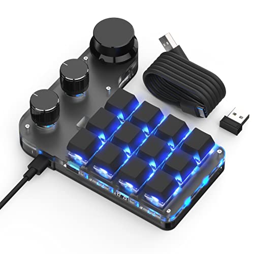 CHJUAN マクロキーボード 片手キーボード 12キー 回転ノブ付き【3種接続を支持】7色のRGB 赤軸メカニカルキーボード【Bluetooth/有線/2.4G接続 軸体交換 回転ノブ付き 18キャラクタ 6連打】左手ゲーミングキーボード カスタム可能なキー 小型キーボード Windows/VISTA/Mac対応 ゲーム/メディア/作業制御(12キー3ノブ, 黒色)