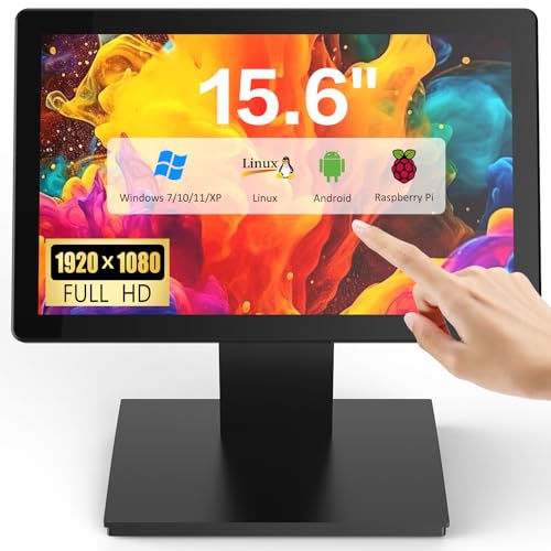NewHail 15.6インチタッチスクリーンPOSモニター、1920×1080 FHD IPSディスプレイ、10ポイント静電容量式タッチ、HDMI/VGA入力付き、レストラン、バー、ジム、倉庫、POSシステム用の頑丈な金属製スタンド PM156T-N