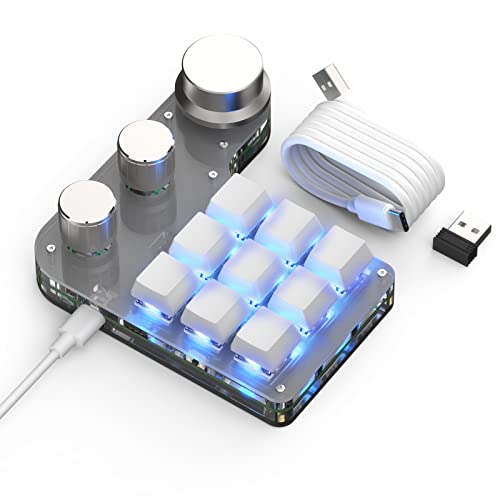 CHJUAN マクロキーボード 片手キーボード 9キー 回転ノブ付き【3種接続を支持】プログラマブルキーボード 7色のRGB 赤軸メカニカルキーボード【Bluetooth/有線/2.4G接続 軸体交換 回転ノブ付き 18キャラクタ 6連打】Bluetooth連続 左手ゲーミングキーボード カスタム可能なキー 片手 小型キーボード(9キー3ノブ, 白色)