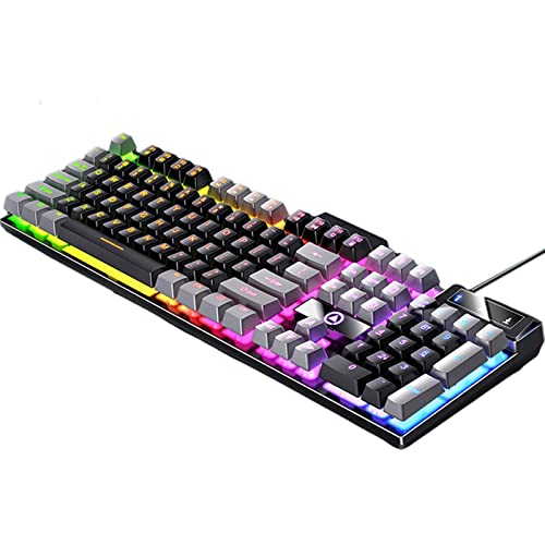 MotiveTech USBゲーミングキーボード LED照明効果 104キー マルチメディアコントロール RGBバックライト, ブラックグレー