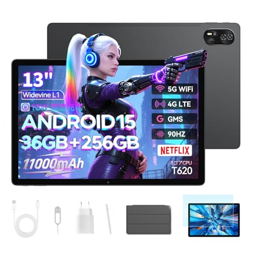 Blackview MEGA8 13 インチ 90Hz 大画面タブレット Android15｜36GB メモリ＋256GB＋2TB 拡張 T620 8 コア CPU、4G LTE 通話・GPS・GMS・5G Wi‑Fi 対応、11000mAh 長時間駆動 18W 充電 Widevine L1 で Netflix 視聴可、PC モード対応、13MP/50MP カメラ、付属品完備