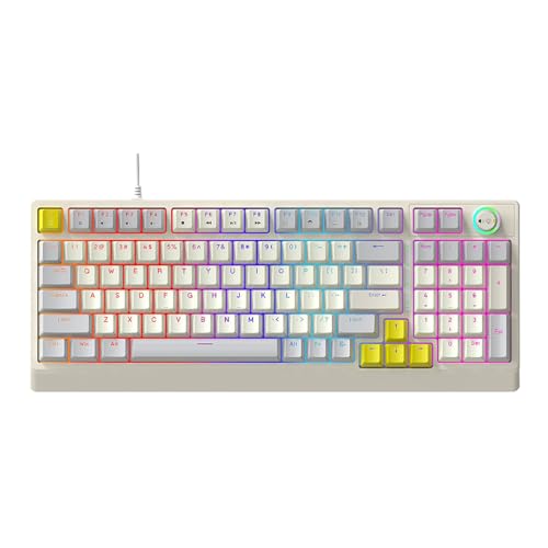 Luocute T50 98キーRGBメカニカルゲーミングキーボード、ホットスワップ可能なブルースイッチ、1680万色のバックライト、PCコンピュータゲームタイピング作業用のカスタマイズ可能なダイナミックエフェクト (グレーベージュイエロー) Lu89uqf624r3-14