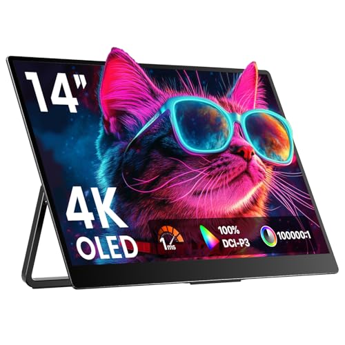 Upperizon Portable Monitor 14" 4K 3840X2400 100000:1 100% DCI-P3 60Hz OLED HDMI USB-C Travel Monitor for Laptop MacBook PC Surface PS5 Xbox, External Display with Kickstand & Speakers, VESA Compatible Y14UHO