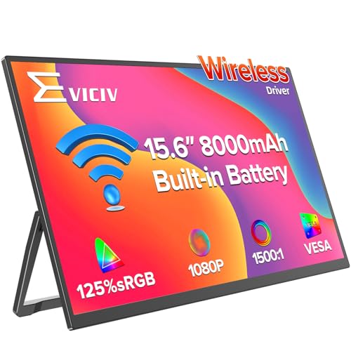 EVICIV ワイヤレスポータブルモニター 8000mAhバッテリー付き、15.6インチワイヤレスモニター、AirPlay、Miracastノートパソコンディスプレイ、USB-C & HDMI & VESA、ノートパソコン、コンピューター、ゲーム機用のトラベルセカンドスクリーン。 P156AHBW
