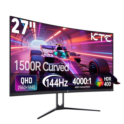 KTC 27インチ湾曲ゲーミングモニター、1440P QHD 144Hz PCモニター、1500Rコンピューターディスプレイ適応同期、HDR400、4000:1コントラスト、アイケア、DP HDMIポート、VESA壁取り付け可能、H27S5C