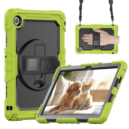 Aokil 対応For LAVIE Tab 10FHD4 10.1型 ケース PC-T1055KAS/PC-TAB10F03/LAVIE Tab Lite TL103/KAL用 カバー PETスクリーンプロテクターが内蔵 360°回転スタンド 肩掛け ハンドストラップ シリコン ハードシェル 三層保護 防塵 全面保護 アウトドア 工事現場 事務作業用-(黄緑色) LAVIE Tab 10FHD4用