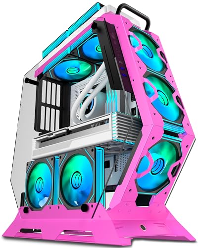 KEDIERS C570 ATX ミッドタワー 強化ガラス ゲーミングコンピューター オープンフレーム PWM ARGBファン5個付き (ピンク) 570-pink
