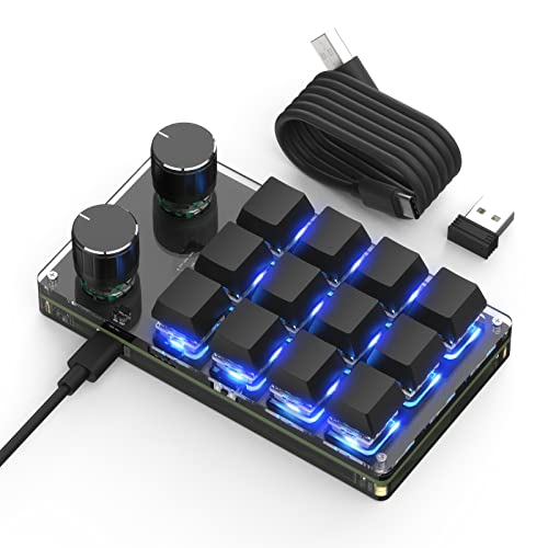 SIKAI CASE 片手キーボード プログラマブル 12キー 2ノブ付き 無線 メカニカル RGB バックライト 左手 ゲーミングキーボード カスタム可能 ショートカットキー 小型 DIYキーボード Windows Linux対応 オフィス 音楽制作 初心者クリエイター向け【日本語仕様書付き】 (黑)