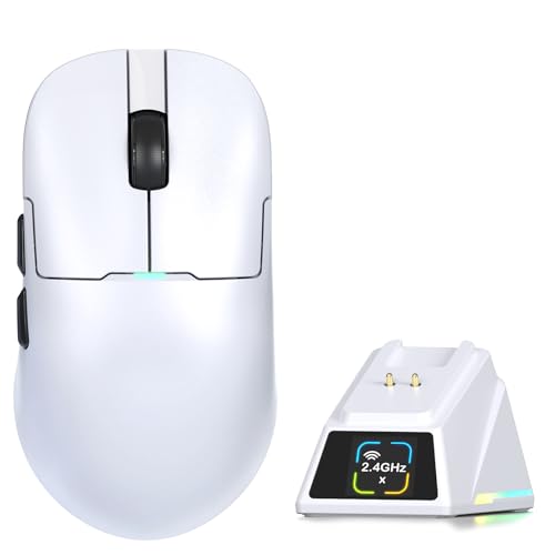 A.JAZZ AJ159P MC PRO ゲーミングマウス57±3g超軽量 ワイヤレス2.4G/USB TYPE-C コスパマウス PAW3311センサー24000DPI DIY LCDディスプレイ左右対称人間工学 PC/Mac対応 マグネット式充電ドックRGB ゲーミング用 WindowsVista/XP/7/8/10/11/MAC対応 ゲーミング用400mAh 技術認証済み（ホワイト）