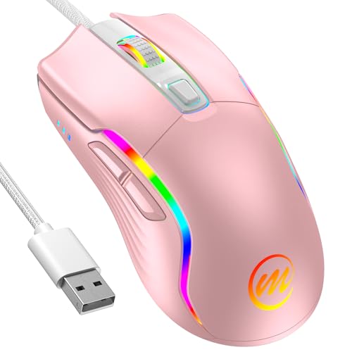 qaf 有線ゲーミングマウス - 12800 DPI 調整可能 - A825F 光学センサー搭載 - 13 種類の LED モード - 6 ボタン - 人体工学設計、1.7 メートルケーブル - USB 接続対応 PC 用マウス (桃色)