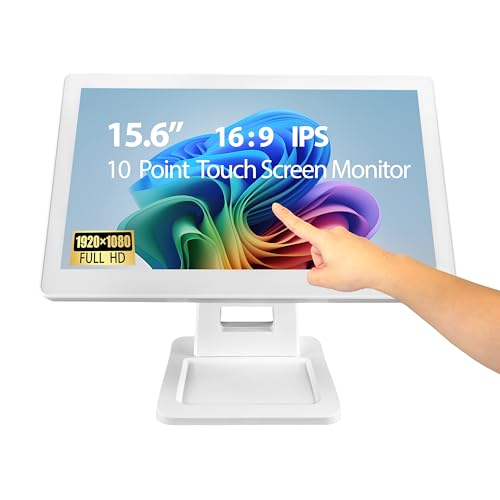 ANGEL POS 15.6インチ 1920 x 1080 FHD IPS タッチスクリーン POSモニター メタルスタンド付き 10ポイントタッチ HDMI VGA 防水防塵スクリーン 1080P インダストリアル オフィス 小売 ジム 倉庫 (ホワイト) 15.6-Pro