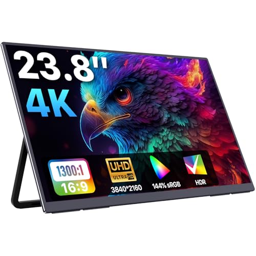 Upperizon ポータブルモニター 23.8インチ 4K 3840X2160 144% sRGB 60Hz IPS HDR HDMI USB-C トラベルモニター ノートパソコン MacBook PC Surface PS5 Xbox用 大型外部ディスプレイ キックスタンド&スピーカー付き VESA対応 UY238UHLS