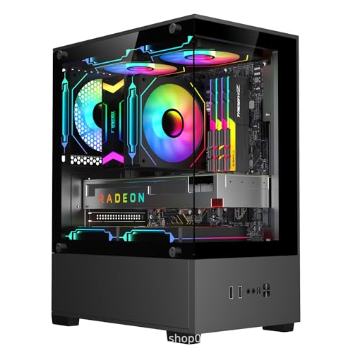 TVT 【新登場】机箱 小型ミニタワー M-ATX/ITX対応 強化ガラスサイドパネル ブラック ゲーミング 標準ATX電源対応 卓上 省スペース (ブラック)