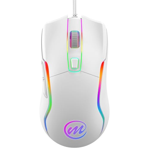 memzuoix 有線ゲーミングマウス RGB付き - 最大12800の6つのDPI調節可能 6ボタン 12種類の照明モード 人間工学に基づいたデザイン 滑り止めゴムホイール付き 6フィートの編組ケーブル PC/Mac/Windows用 - ホワイト C899